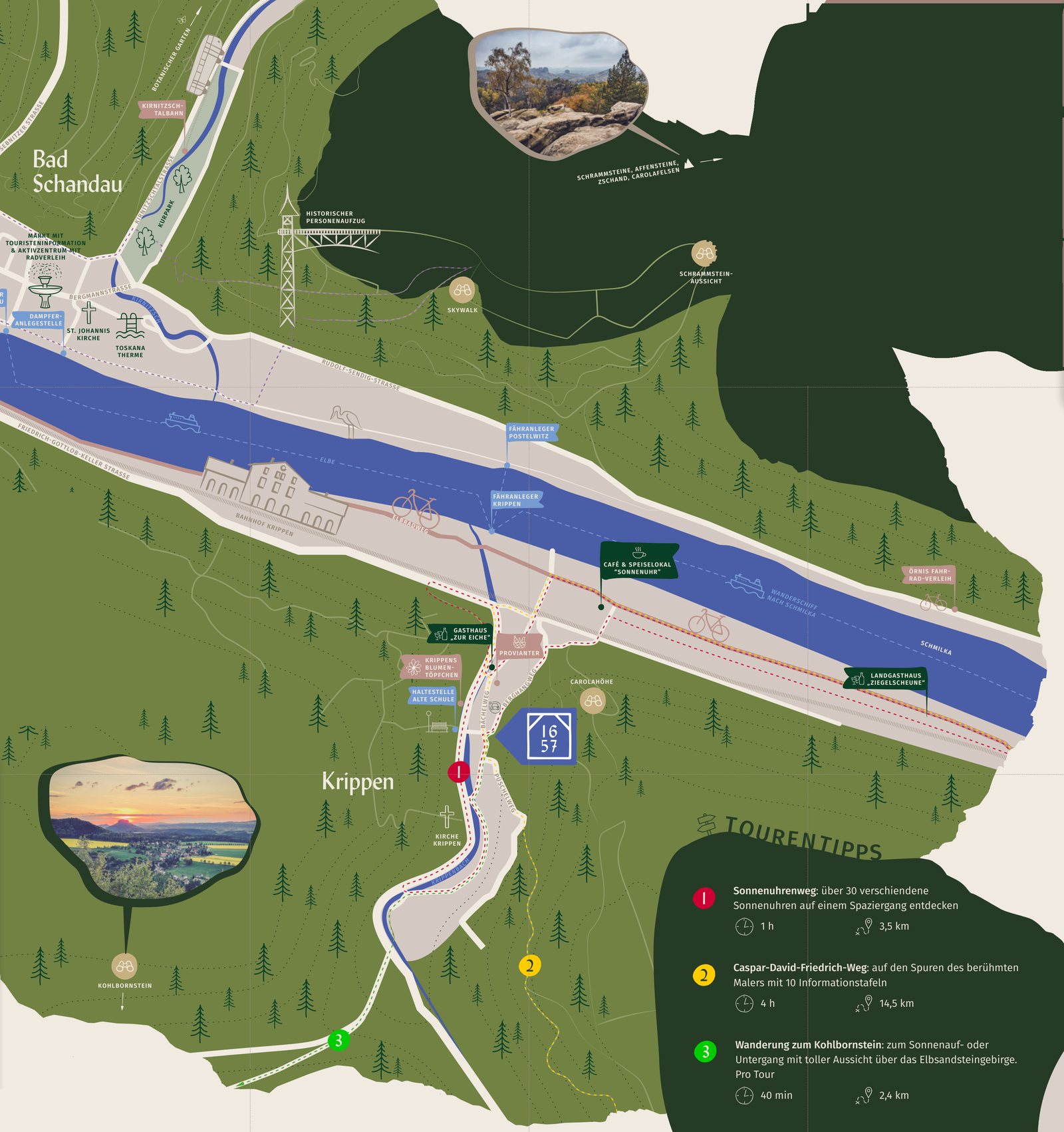 Gezeichnete Umgebungskarte: Krippen und Bad Schandau an der Elbe mit F&auml;hranlegern, Bahnhof, Gasth&auml;usern, Wanderwegen und den drei Tourentipps rund um das Umgebindehaus