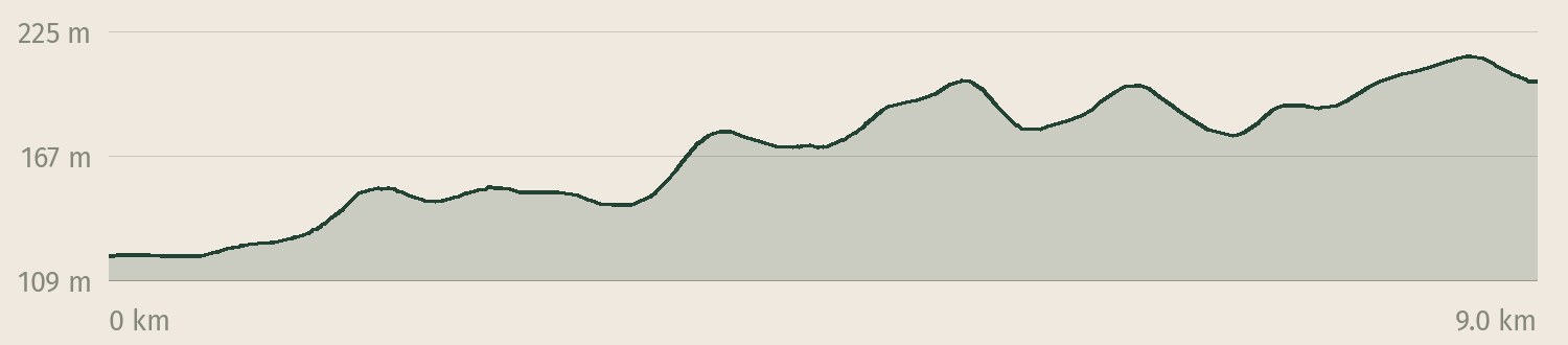 Höhenprofil der Tour Flößersteig: 165 Höhenmeter Anstieg auf 9,0 km