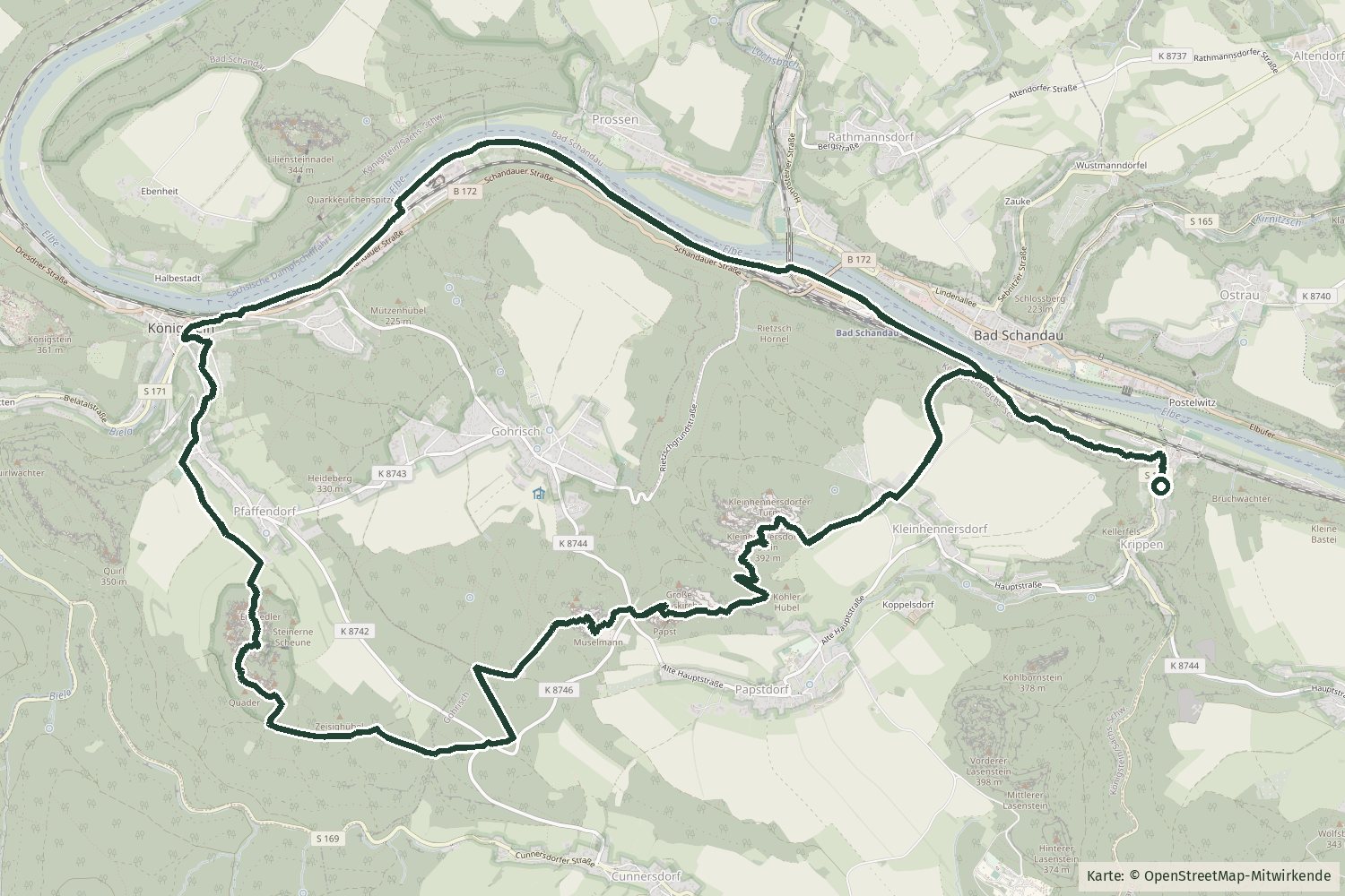 Karte mit dem Streckenverlauf der Tour Pfaffenstein