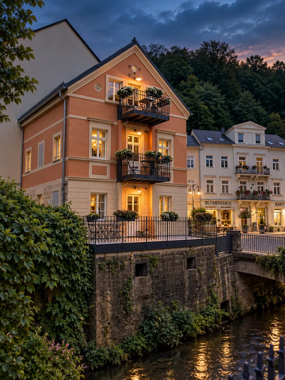 Das Obscuratorium am Basteiplatz in Bad Schandau in der Dämmerung, die Lichter spiegeln sich in der Kirnitzsch